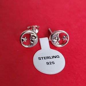 925 Sterling Silver Crescent Moon Star Tiny Stud Earrings